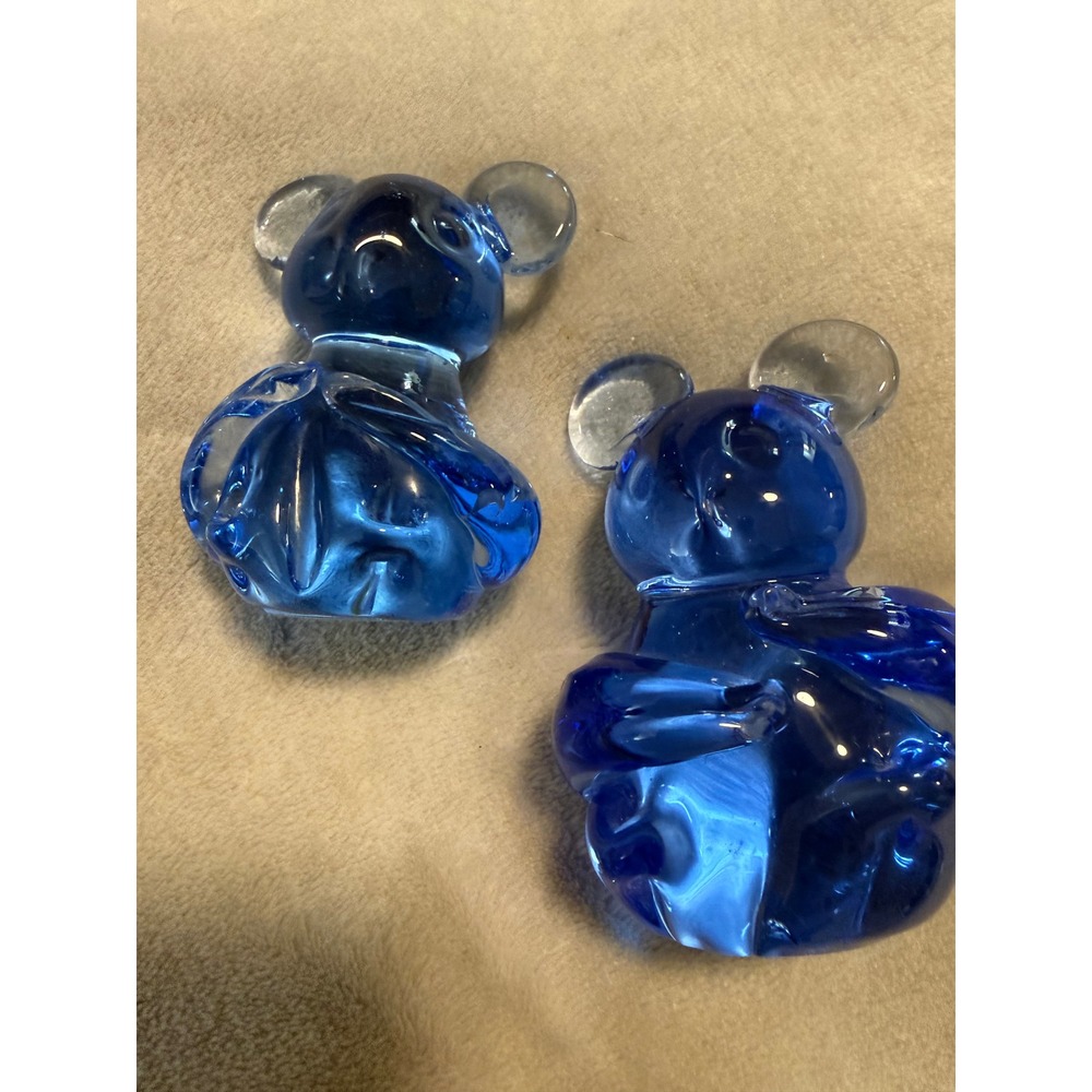 Vintage Blue Art‎ Glass Teddy Bears Pair Commemorative Figurines